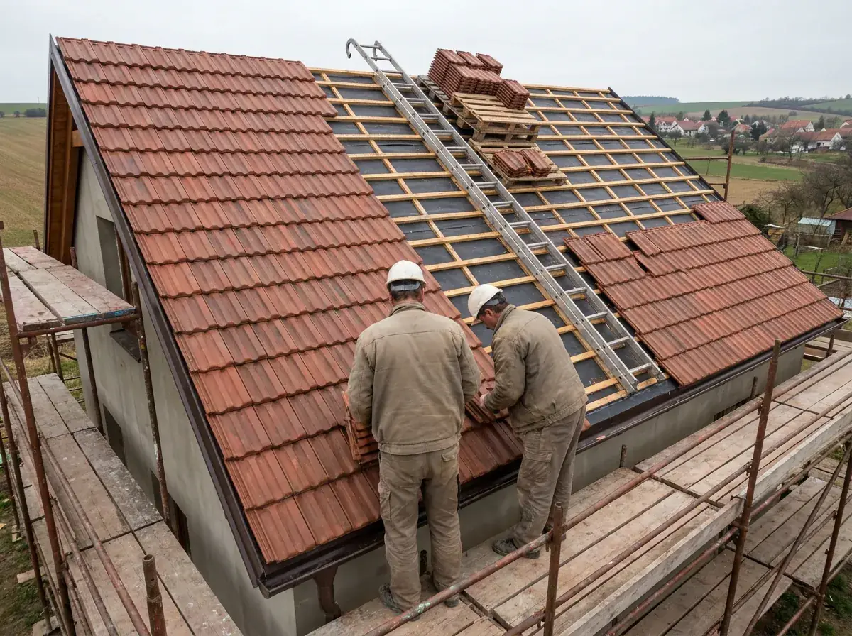 Pokládka pálené tašky na střeše rodinného domu
