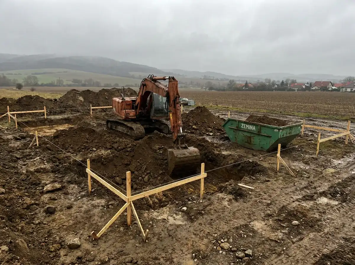 Výkop základů rodinného domu s bagrem na pozemku