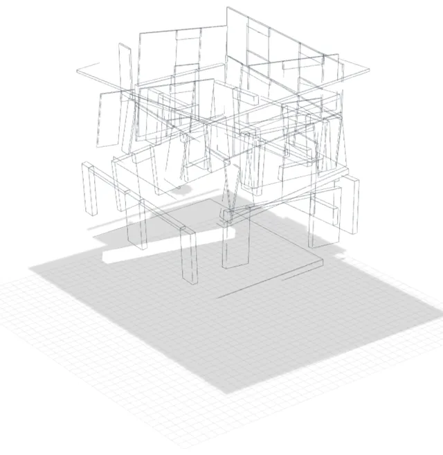 3D model rodinného domu, který se při scrollování staví od základů po střechu