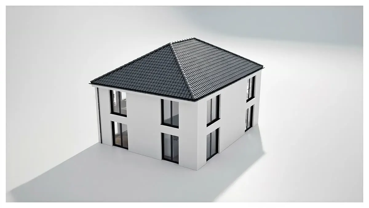 3D model rodinného domu, který se při scrollování rozkládá na střechu, patro, stěny a interiér